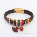 Leather Tassel Bangle Gold Magnet Clasp Stone Charm Bracelet